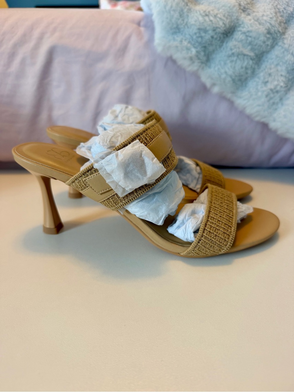 NWT Cosy Island Tan Woven Buckle Strap High Heel Stiletto Sandal